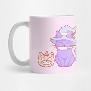 Cute Pastel Halloween Kawaii Cat Pumpkin With Knife and Witch Hat Mug